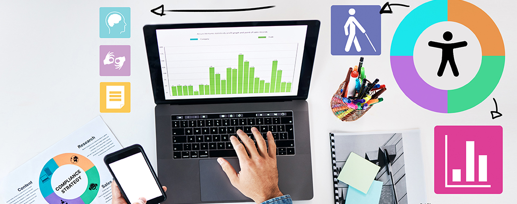 Laptop displaying a bar chart, surrounded by accessibility icons, office supplies, and a smartphone on a workspace.