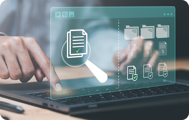 Person using laptop with virtual screen showing document verification and file folder icons, symbolizing digital review.