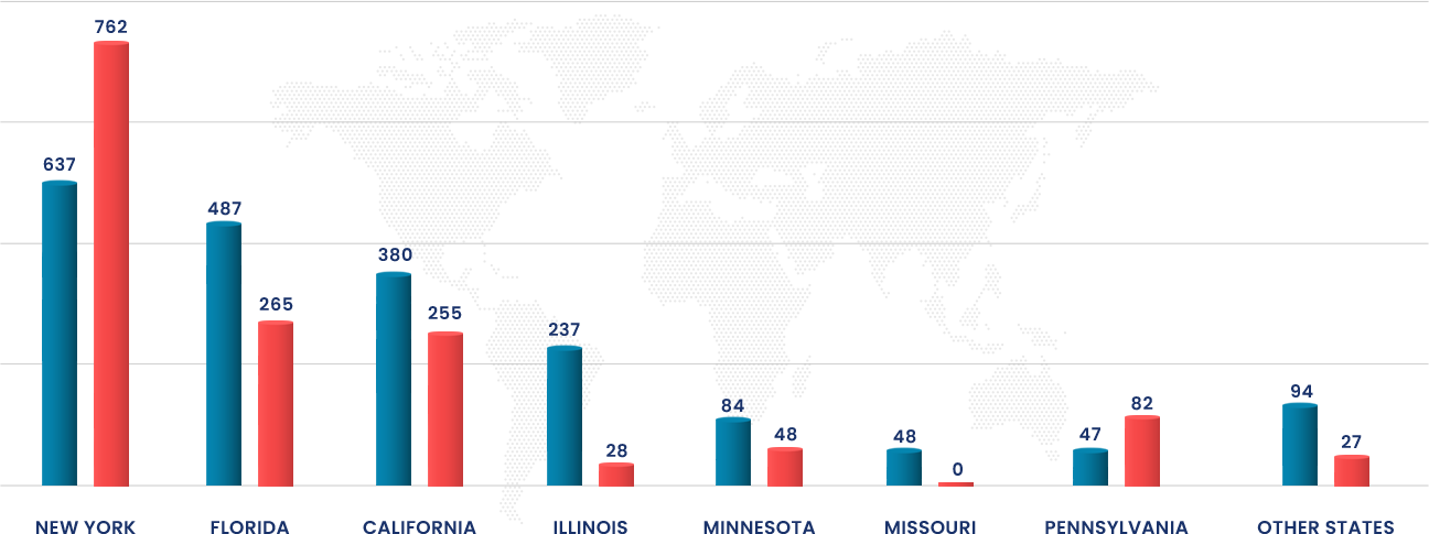 Bar chart comparing ADA website lawsuits by state in first half of 2024 vs 2025, for more information check the image description below.