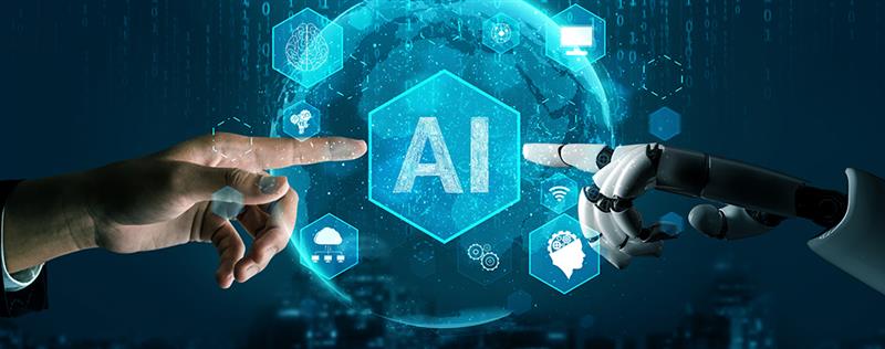 Human and AI hands pointing at the AI symbol, symbolizing the balance between human interaction and technology in business customer service.