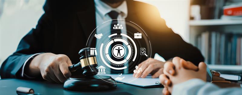 Judge with gavel and digital accessibility icons overlaid, sitting at a table with another person.