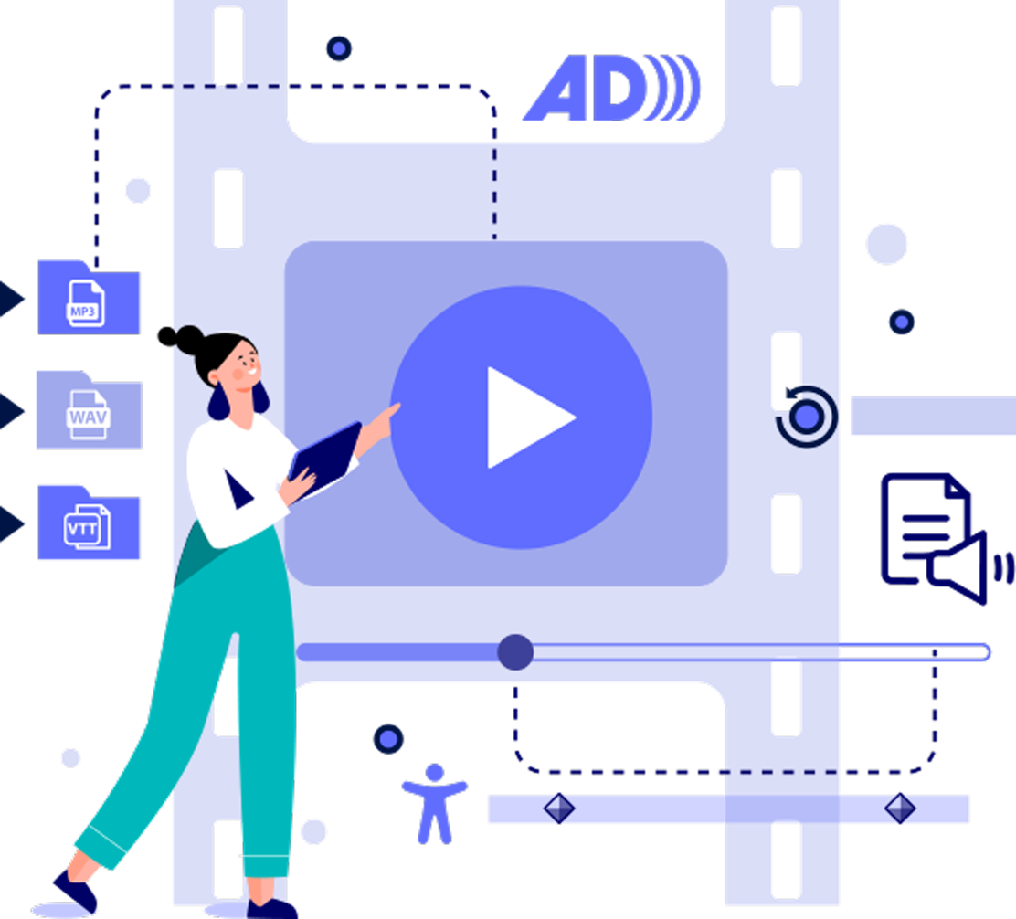 Illustration of a video player with audio description enabled showing media file formats and accessibility controls for inclusive video content