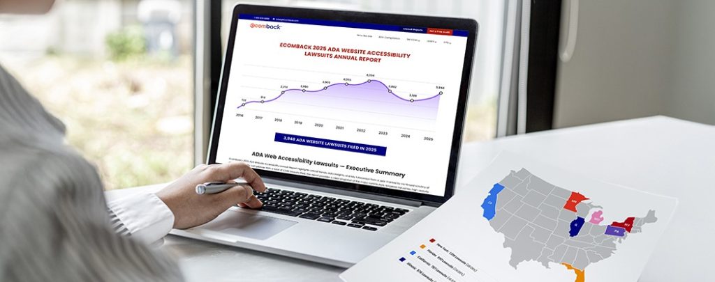 EcomBack 2025 ADA website accessibility lawsuits report displayed on a laptop with a trend graph and a U.S. map showing state-wise lawsuit data.