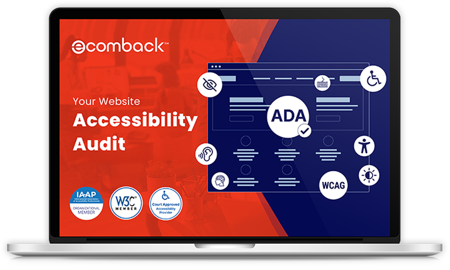 EcomBack website accessibility audit cover page displayed on a laptop, highlighting ADA compliance, WCAG standards, and accessibility features such as screen reader support, keyboard access, and visual contrast.