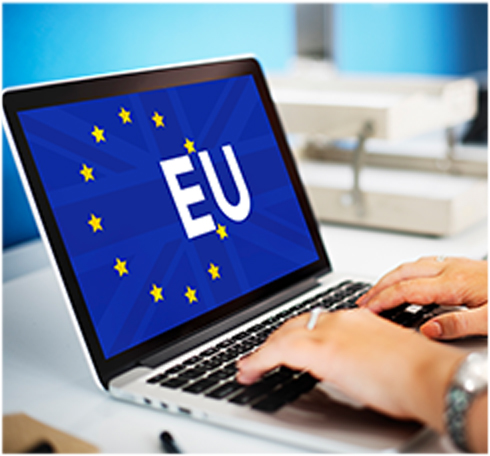 Person working on a laptop displaying an EU flag graphic on the screen.