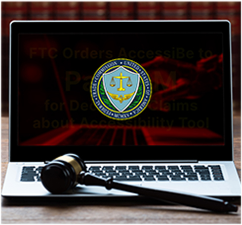 FTC seal displayed on a laptop screen in a courtroom setting, with a judge's gavel placed on the desk in front, symbolizing legal action.