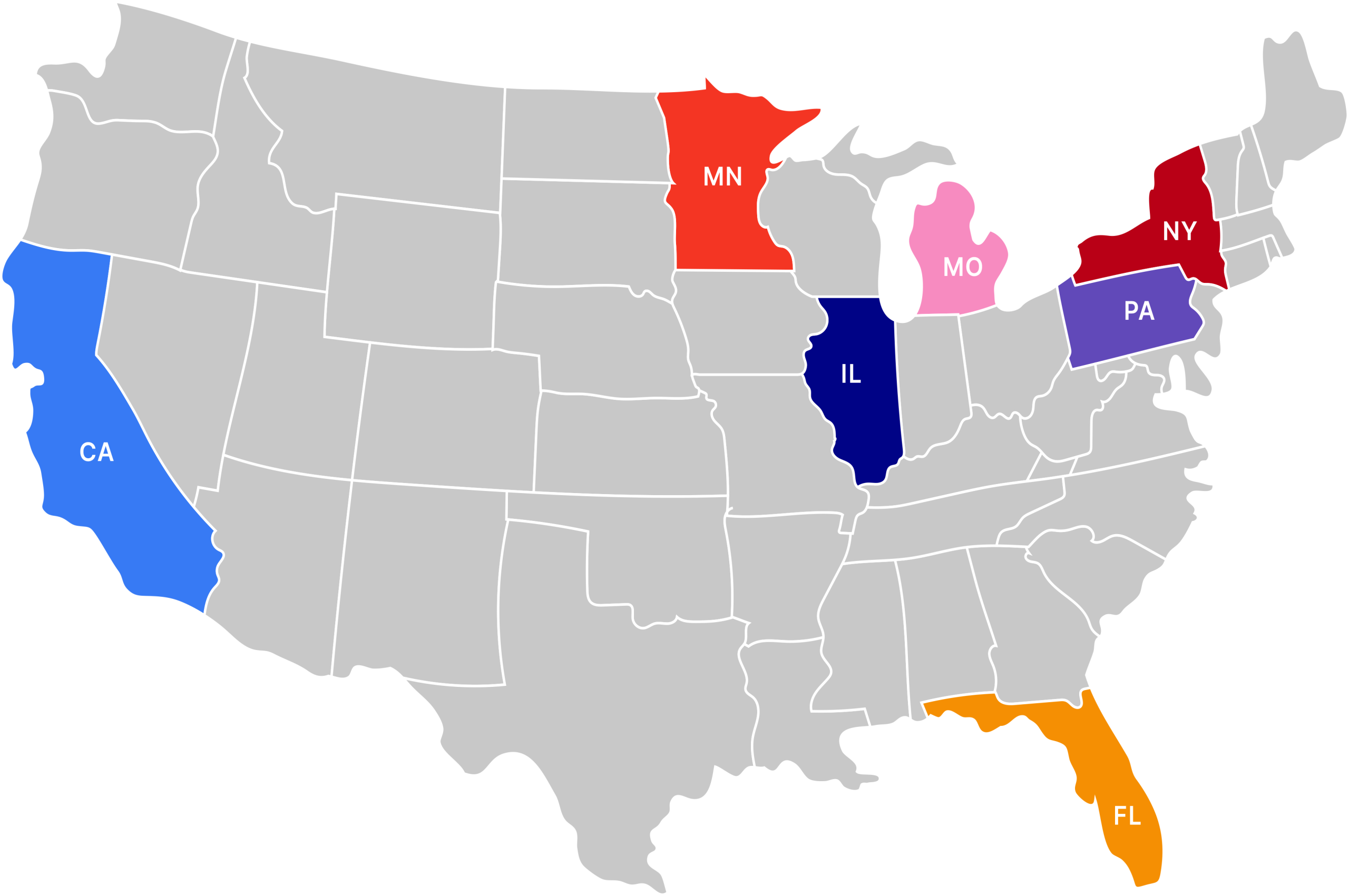 U.S. map showing highlighted states: California, Minnesota, Missouri, Illinois, New York, Pennsylvania, and Florida.
