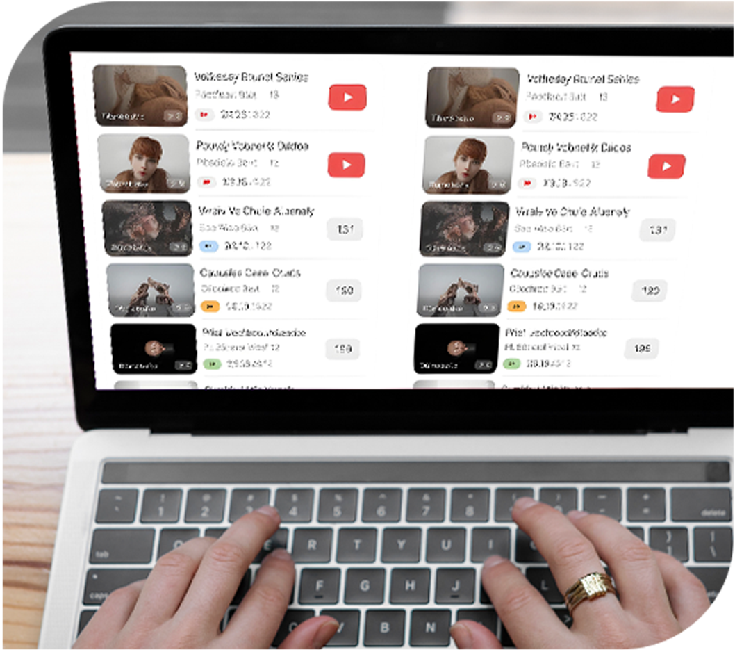 Hands typing on a laptop showing a video library dashboard with thumbnails, titles, and play buttons for managing and organizing video content