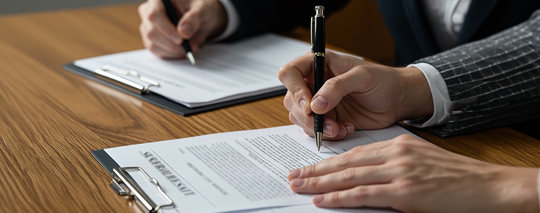Two Business Owners signing legal documents related to ADA website compliance and legislation