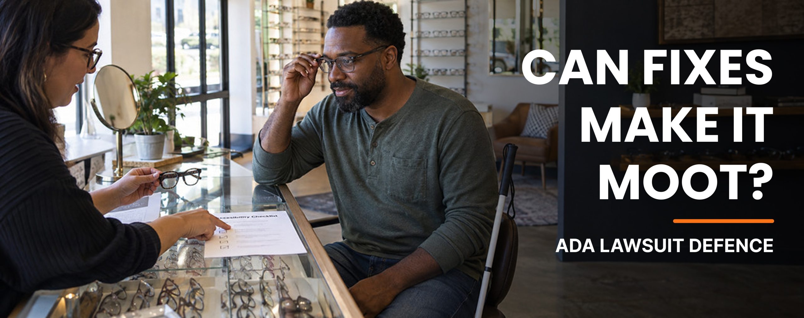 ADA lawsuit defence concept showing a person discussing accessibility concerns with a professional in an optical store with text Can Fixes Make It Moot