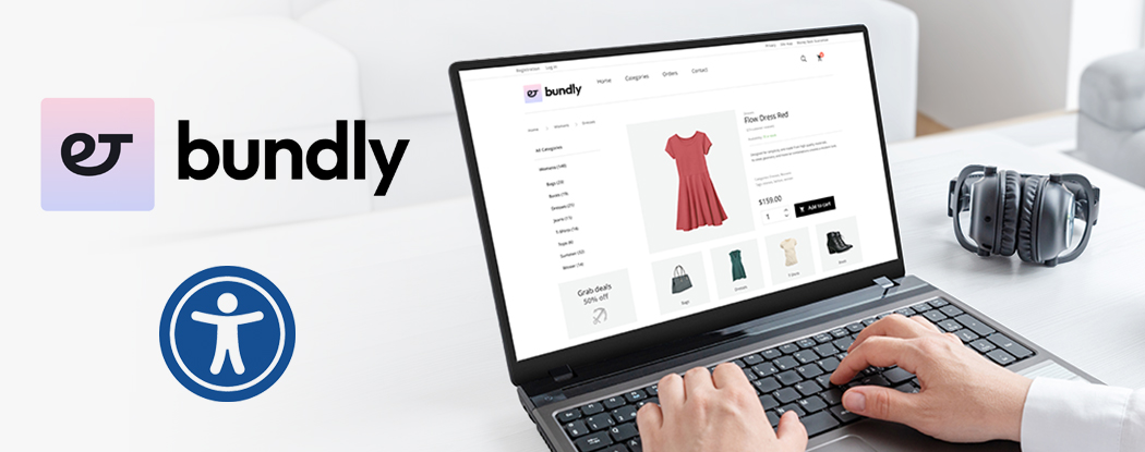 Bundly Shopify bundle app interface on laptop with accessibility icon and Bundly logo, showcasing accessible ecommerce bundle builder experience