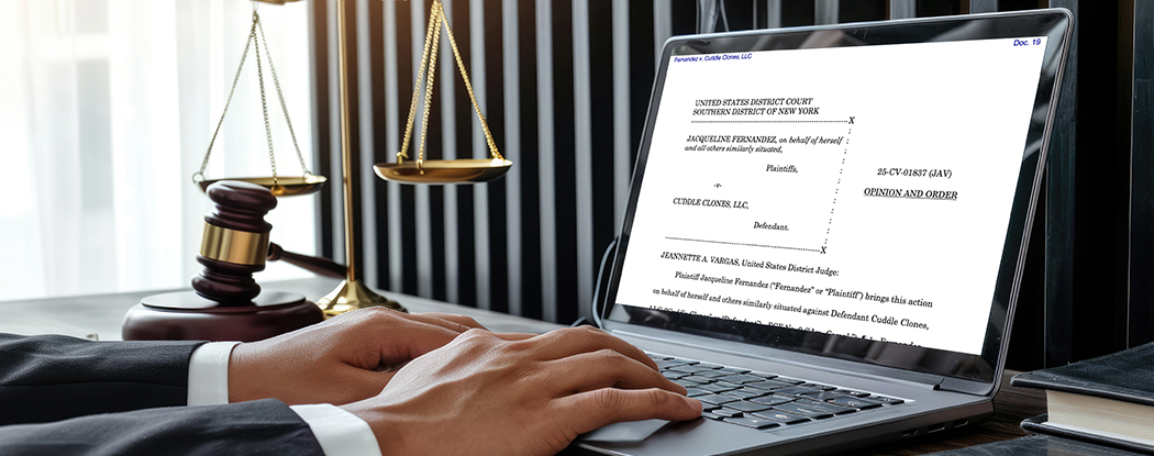 Legal professional reviewing Fernandez v. Cuddle Clones case on laptop beside courtroom gavel and scales of justice