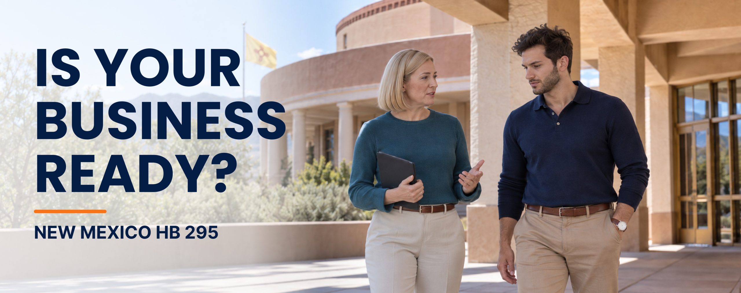 New Mexico HB 295 concept showing two people discussing business readiness outside a government building with text Is Your Business Ready