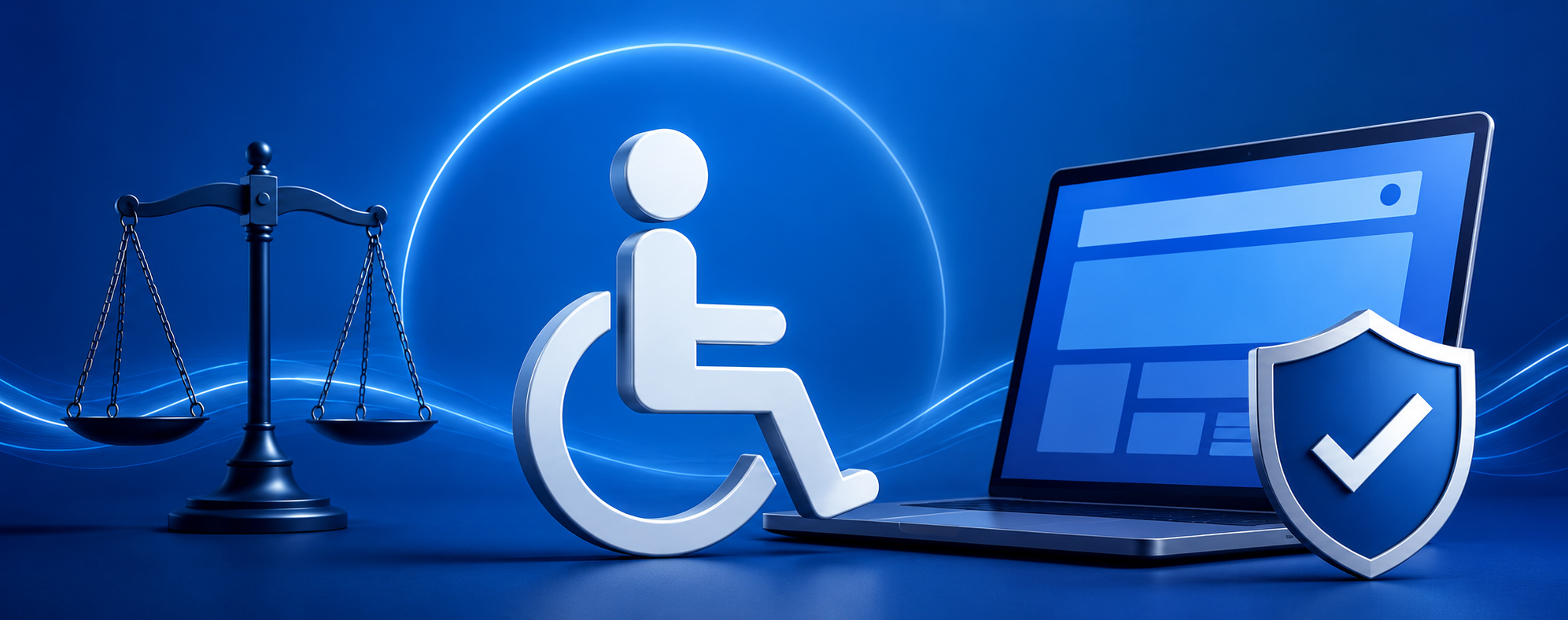 Accessibility compliance concept with wheelchair icon, justice scale, secure laptop, and shield checkmark.