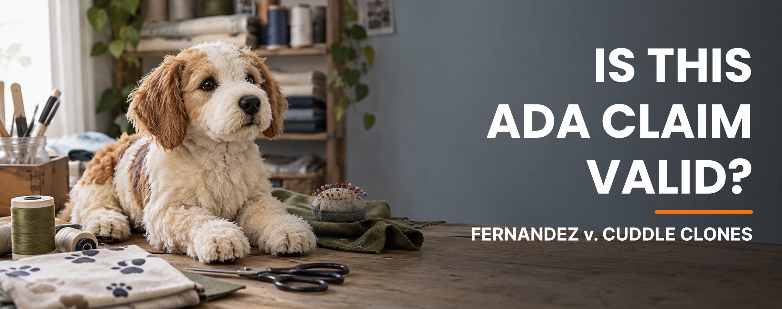 Plush dog beside sewing supplies with text about an ADA claim in Fernandez v Cuddle Clones