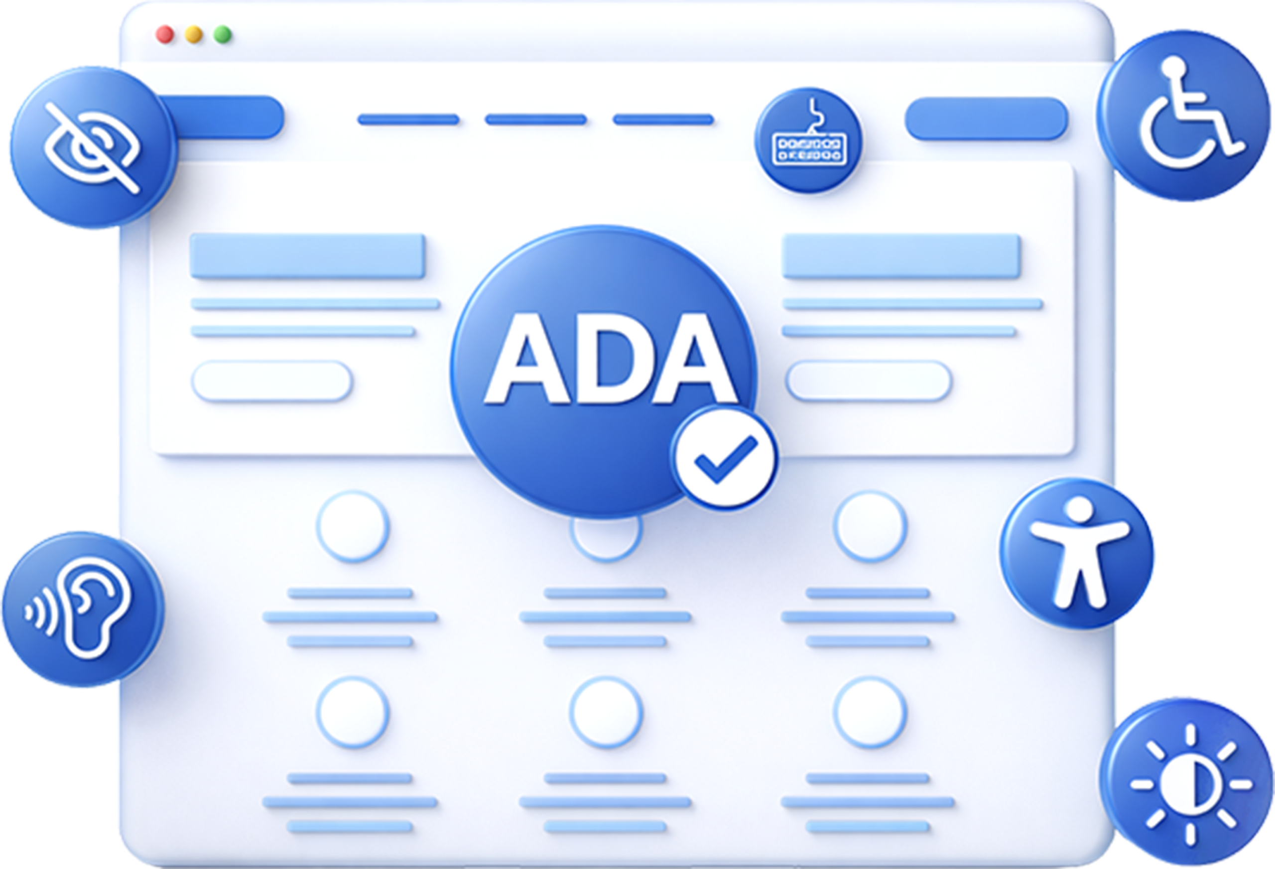 Illustration of ADA-compliant website interface with accessibility icons for vision, hearing, keyboard use, mobility, and contrast settings.