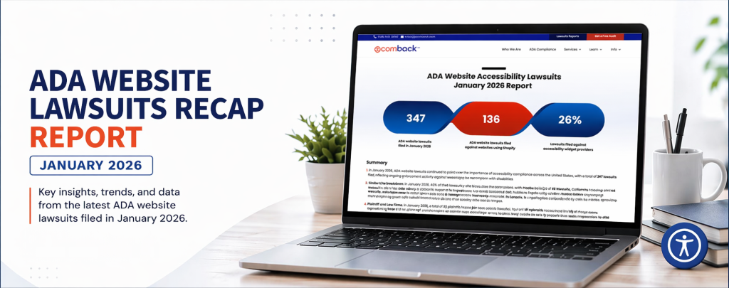 ADA Website Lawsuits Recap Report January 2026 banner with laptop showing report stats and summary on desk