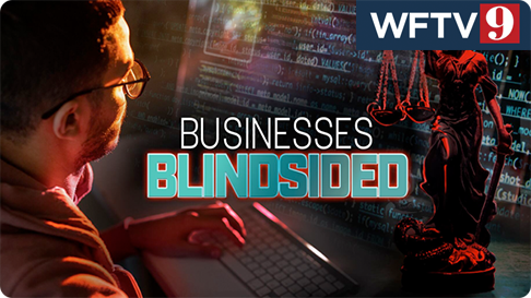 WFTV9 graphic showing person at computer with text Businesses Blindsided and Lady Justice image.