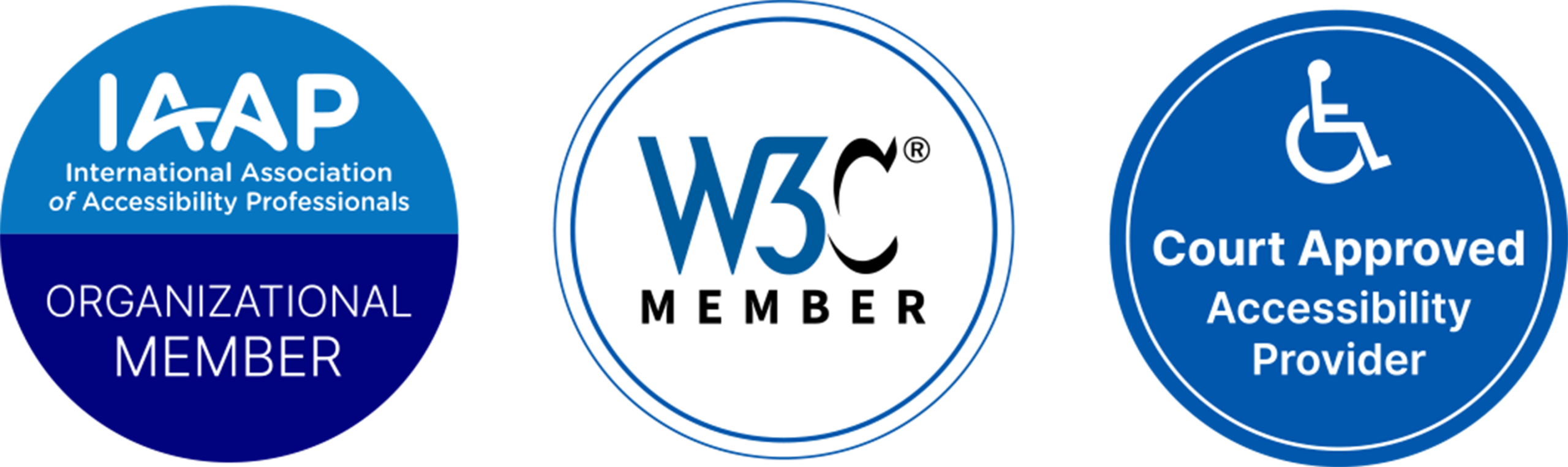 Logos for IAAP Organizational Member, W3C Member, and Court Approved Accessibility Provider certifications.