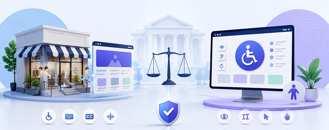 Illustration showing ADA website accessibility for online businesses with legal compliance accessibility icons and court symbols