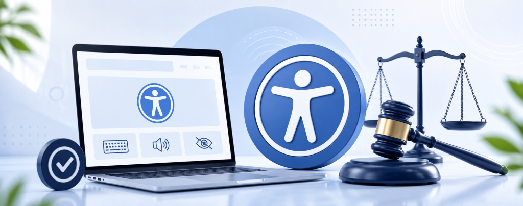 Website accessibility illustration showing ADA compliance icons with a laptop legal gavel and balance scale