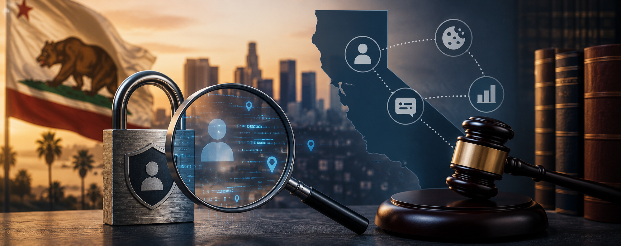 Illustration of California privacy law with a padlock magnifying glass judge gavel and California map