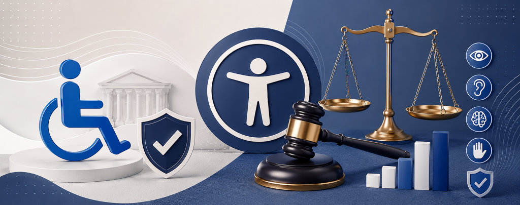 Illustration of ADA website accessibility compliance with legal protection accessibility icons and growth chart
