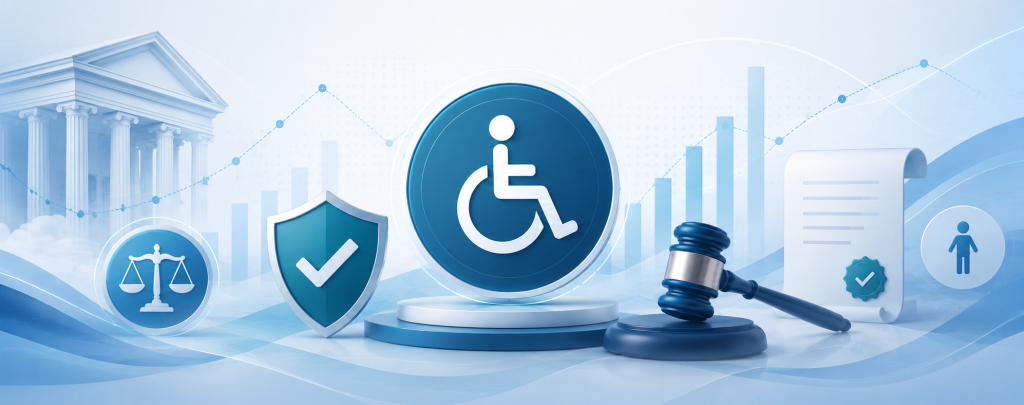 ADA website accessibility and legal compliance illustration with accessibility symbol shield gavel and report icons