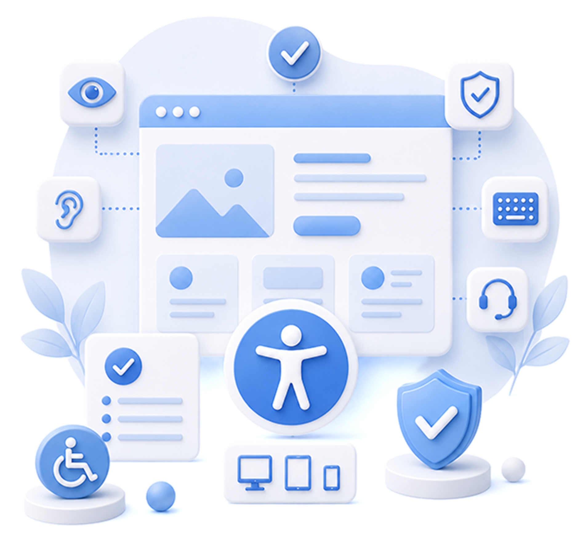 Illustration of an accessible website interface with accessibility icons, compliance checkmarks, assistive technology symbols, and device compatibility features.