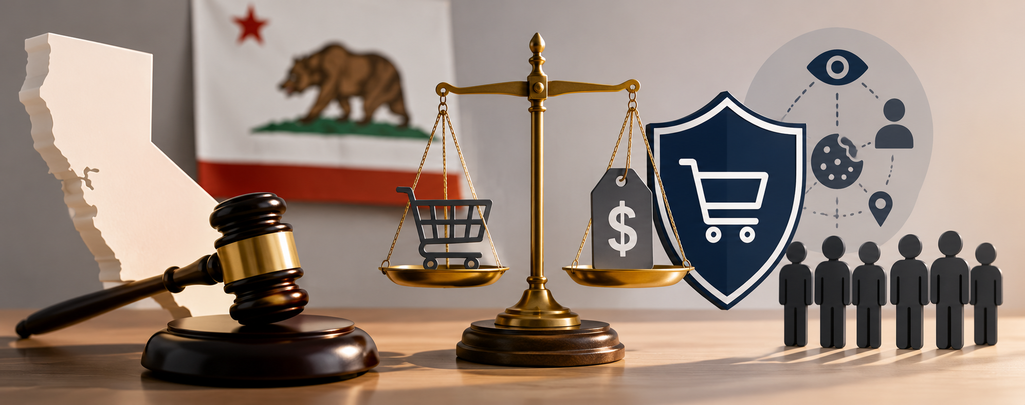 California privacy law concept with judge gavel scales shopping cart shield and consumer data icons