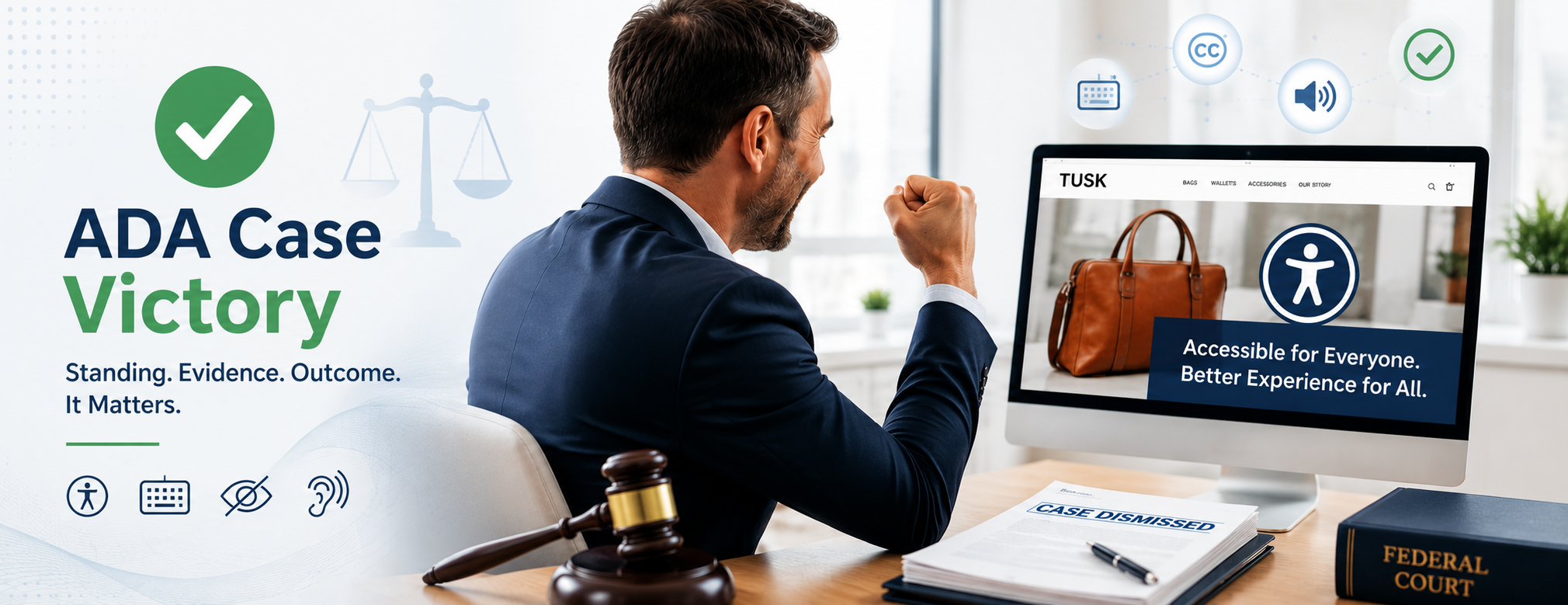 Man celebrating ADA case victory beside accessible ecommerce website with court documents and accessibility icons