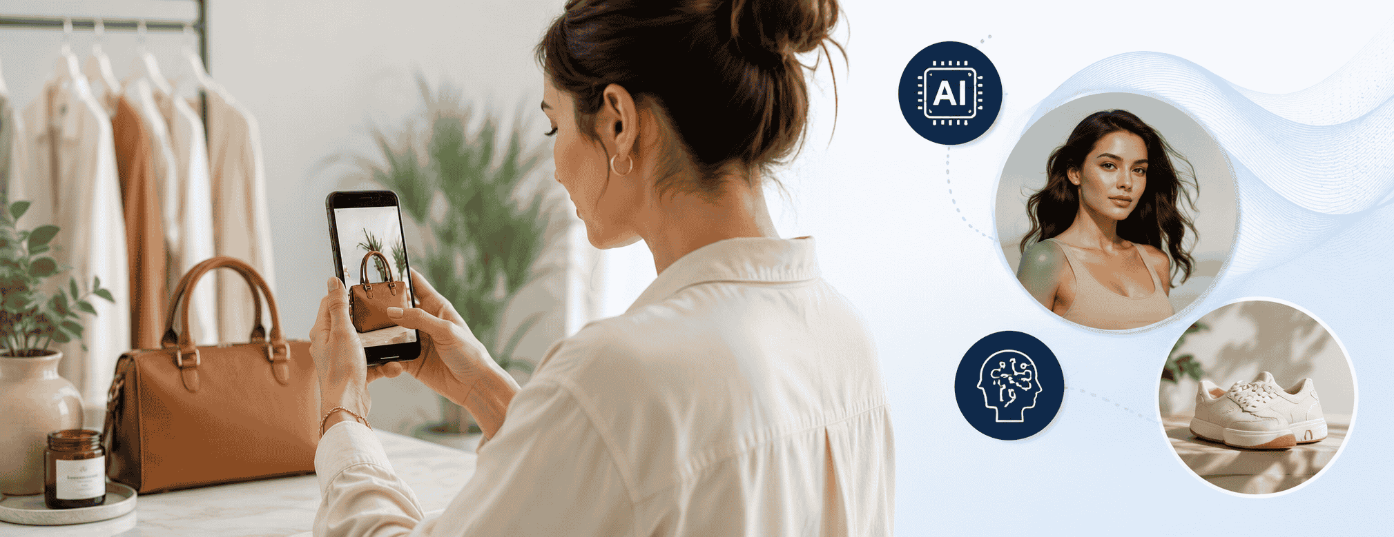 Woman photographing handbag with smartphone while AI suggests fashion model and matching shoes