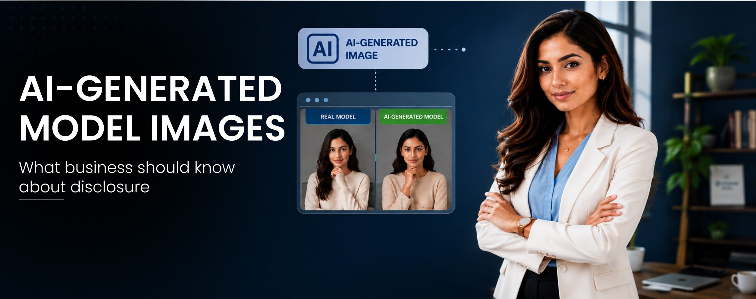 AI generated model images with a comparison of real and AI generated models and disclosure information
