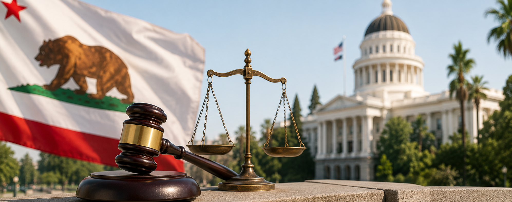California flag with courthouse gavel and scales of justice representing California CIPA website lawsuits.