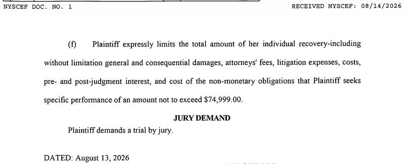 Legal document stating plaintiff limits individual recovery to 74999 dollars and demands a jury trial