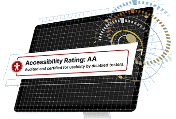 Accessibility Rating: AA, Audited and confirmed for usability by disabled testers, is shown on a computer screen.