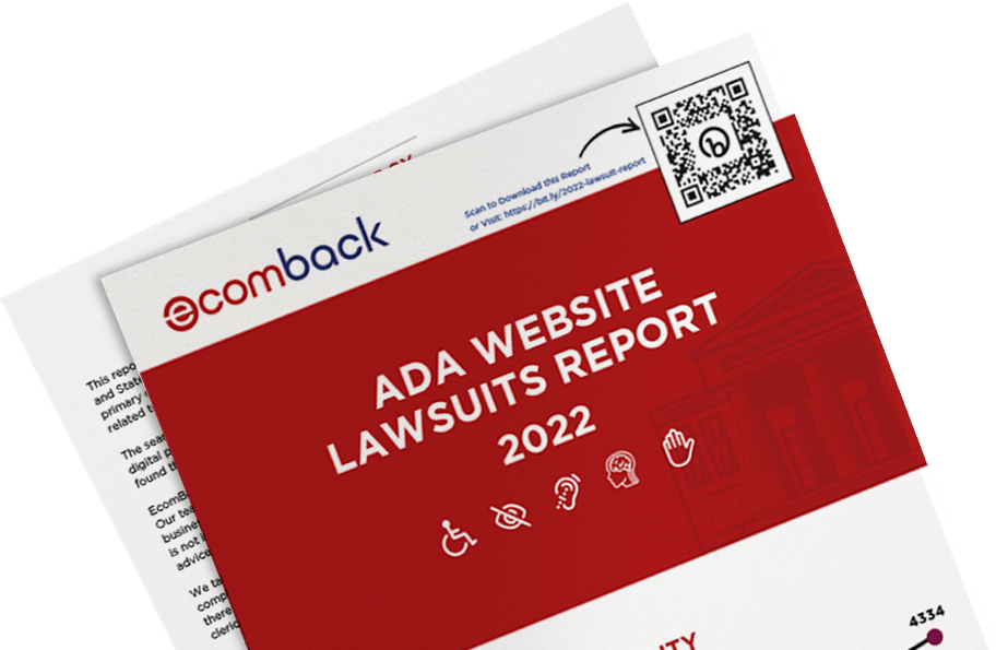 The ADA website lawsuits report 2022 features the Ecomback logo and accessibility icons (hearing aid, cane, and wheelchair).