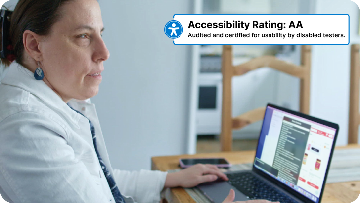 Blind woman reviews website accessibility by browsing for Accessibility Rating: AA Audited and certified for usability by testers.